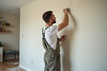 Hommes en tenue de travail appliquant un enduit sur un mur intérieur