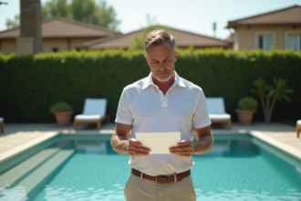 Homme d'âge moyen examinant une enveloppe dans son jardin