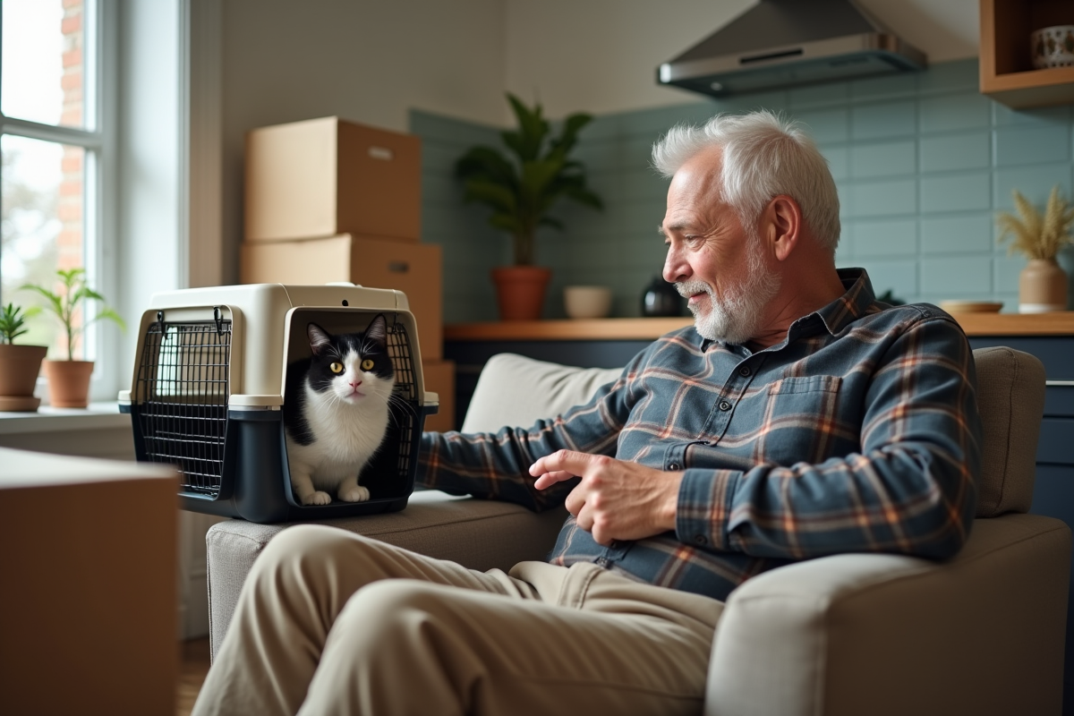 Homme âgé réconfortant un chat dans un appartement en transition