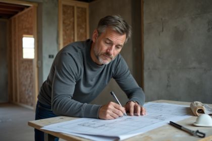 Homme examine des plans de renovation dans un sous-sol en travaux