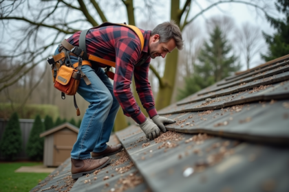 Homme en jeans et harnais réparant un toit en bois