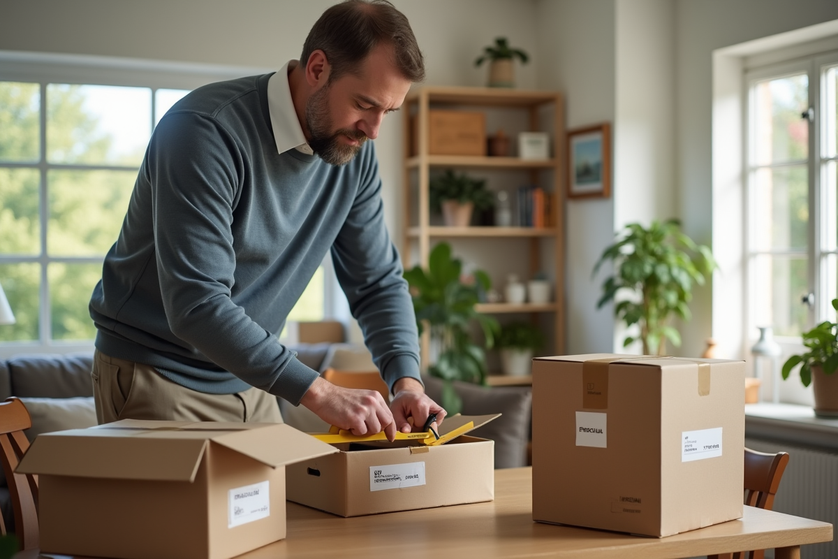 Homme scotchant une boîte fragile dans un salon lumineux