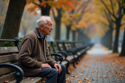 Homme âgé sur un banc en parc automnal