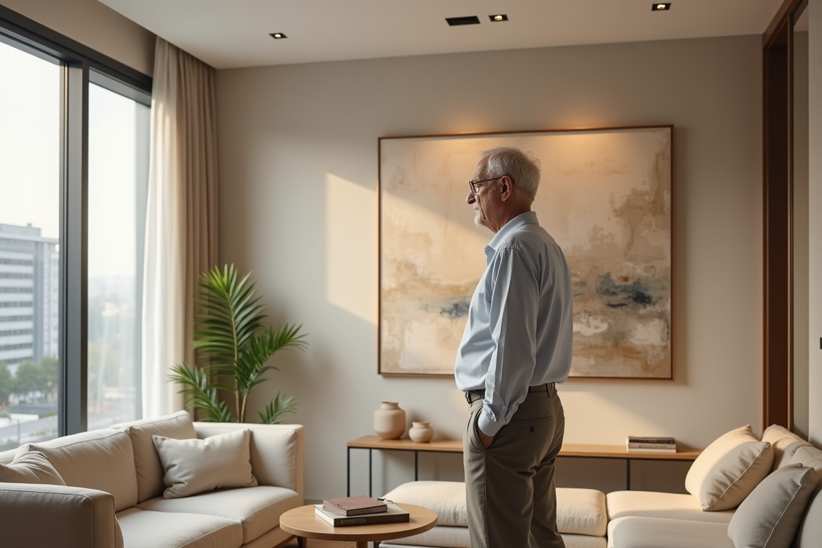 Homme regardant une peinture abstraite dans un appartement