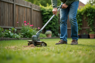 Homme d'âge moyen poussant une scarificateuse dans le jardin