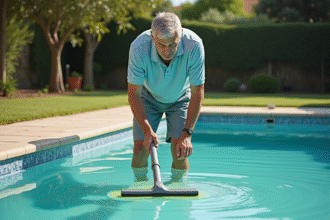 Homme d'âge moyen nettoyant une piscine extérieure