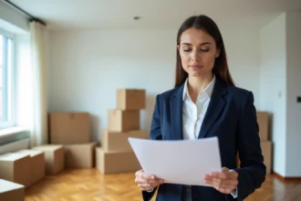 Jeune femme professionnelle vérifiant une checklist d'état de location