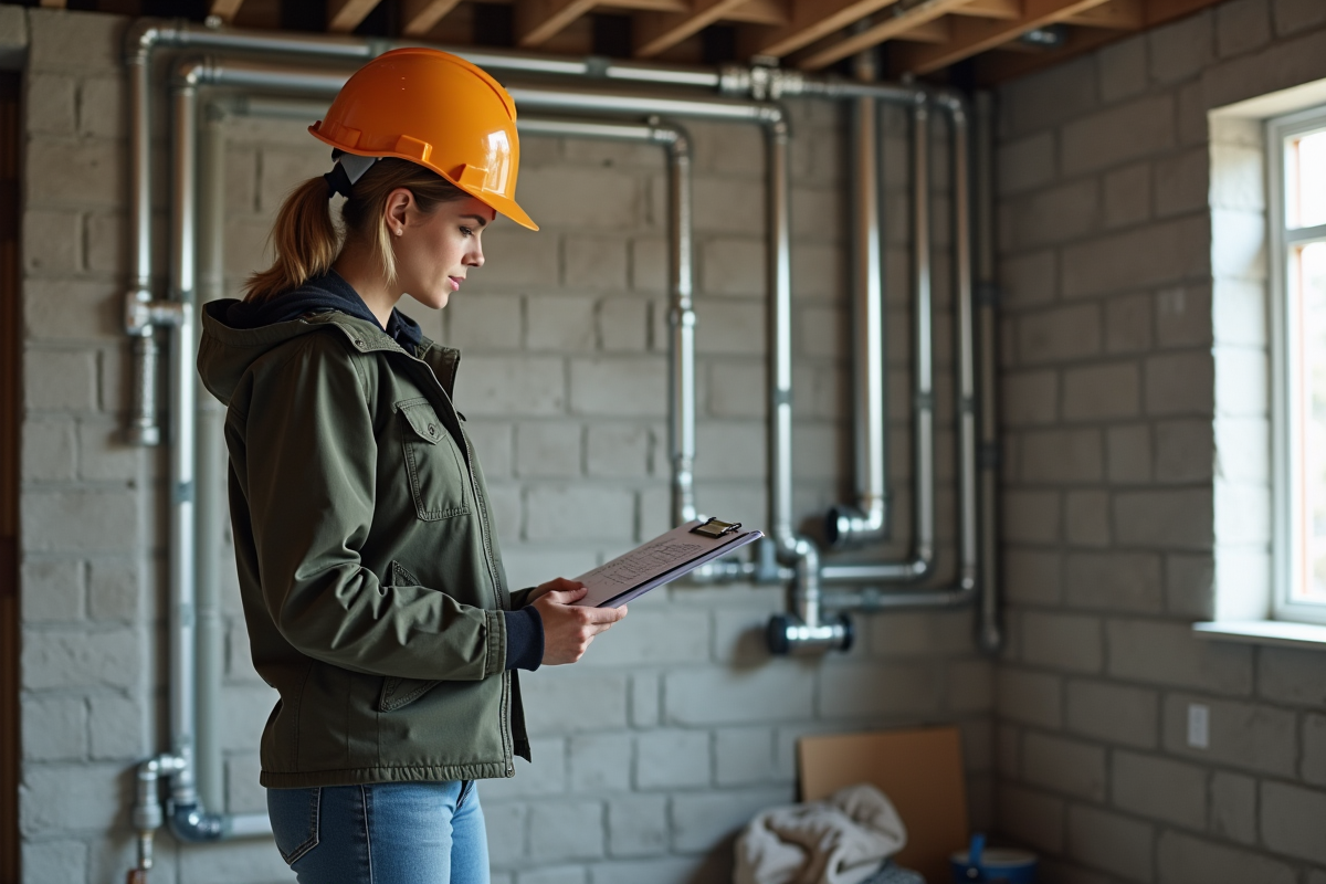 Jeune femme inspecte un réseau de plomberie dans un sous-sol