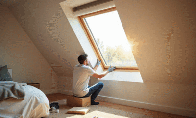 Personne installant une moustiquaire sur une fenêtre Velux dans une chambre moderne