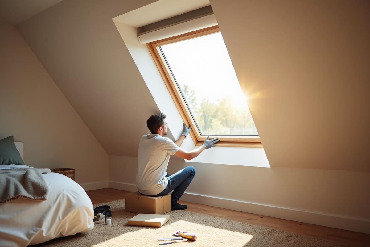 Personne installant une moustiquaire sur une fenêtre Velux dans une chambre moderne