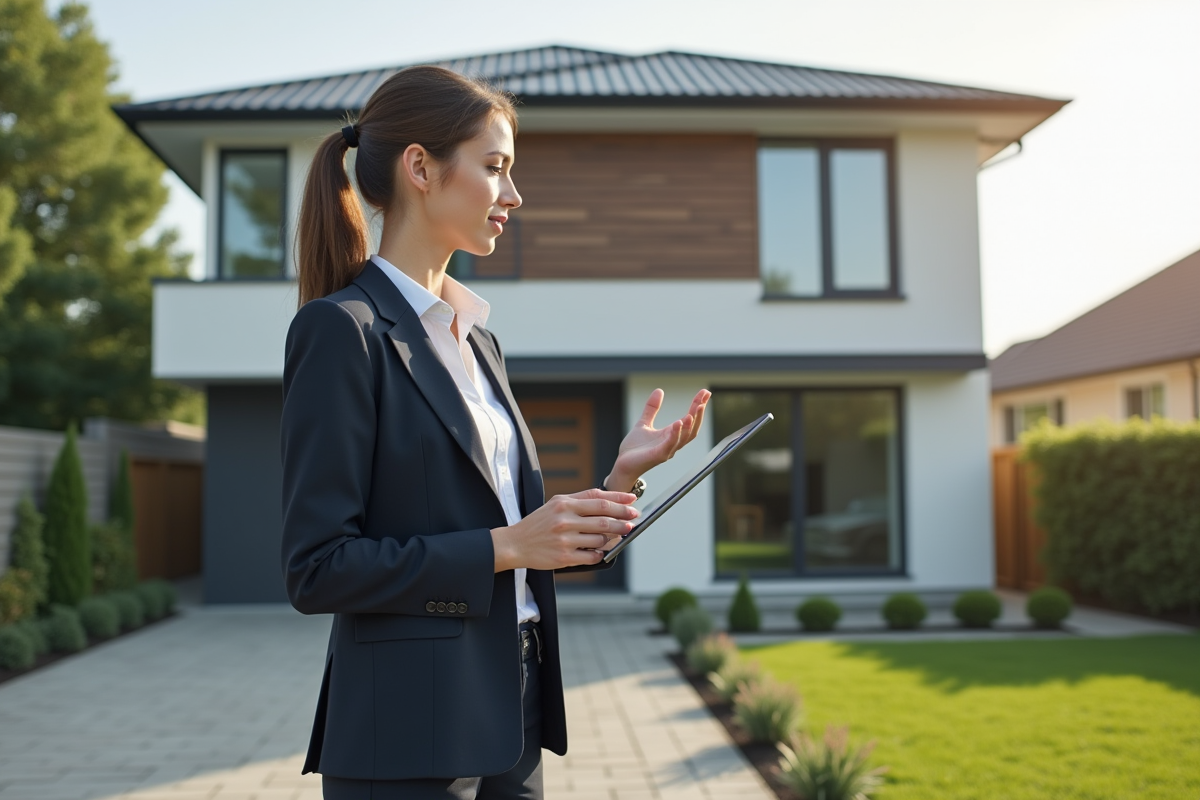 Jeune architecte montrant une façade de maison moderne