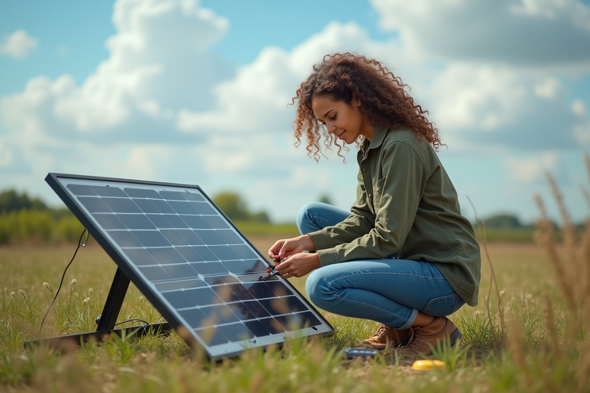 Jeune femme connectant un petit dispositif solaire dans un champ