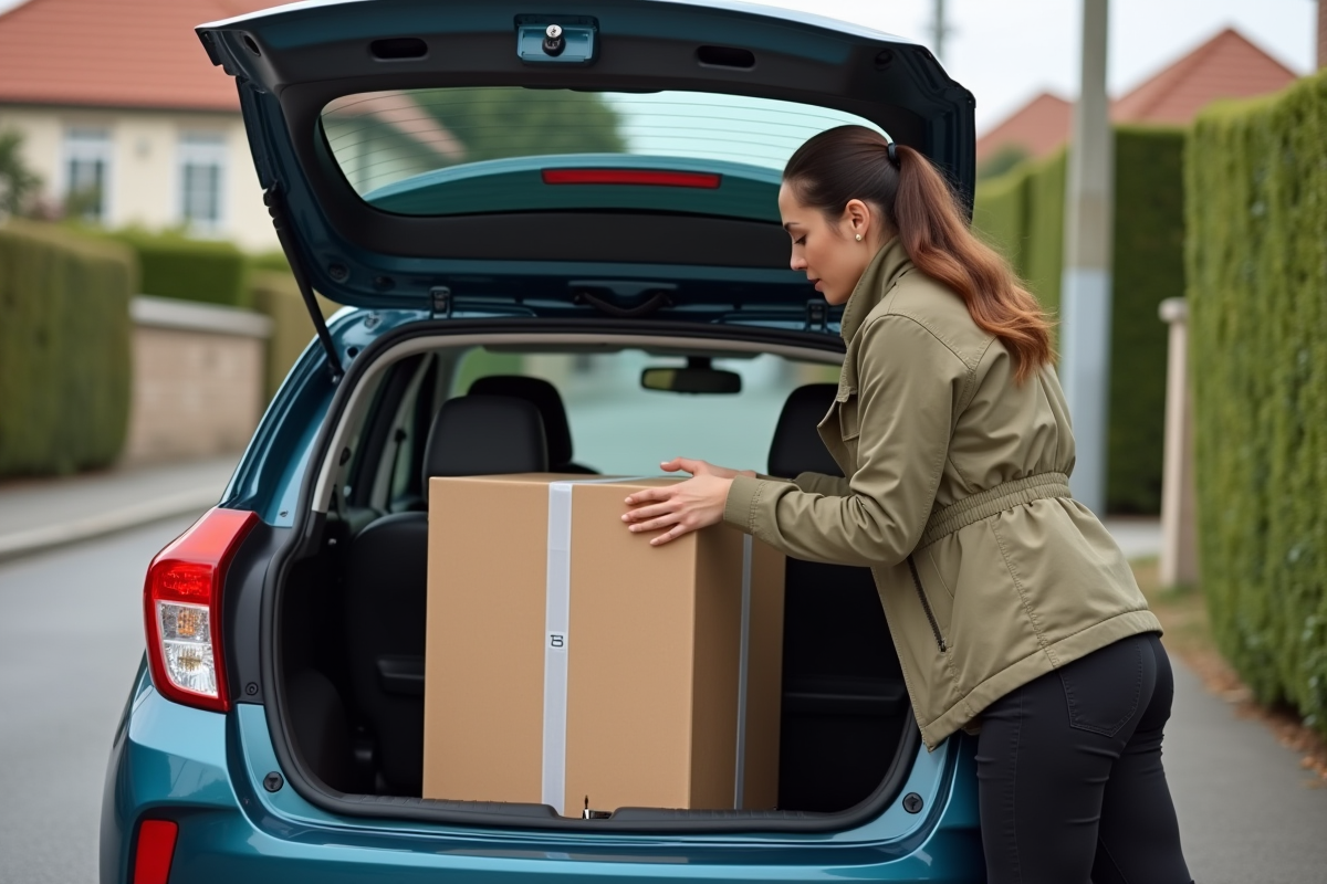 Jeune femme attachant un colis dans une voiture en banlieue