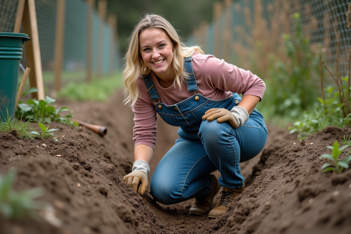 Jeune femme en overalls souriante dans un jardin