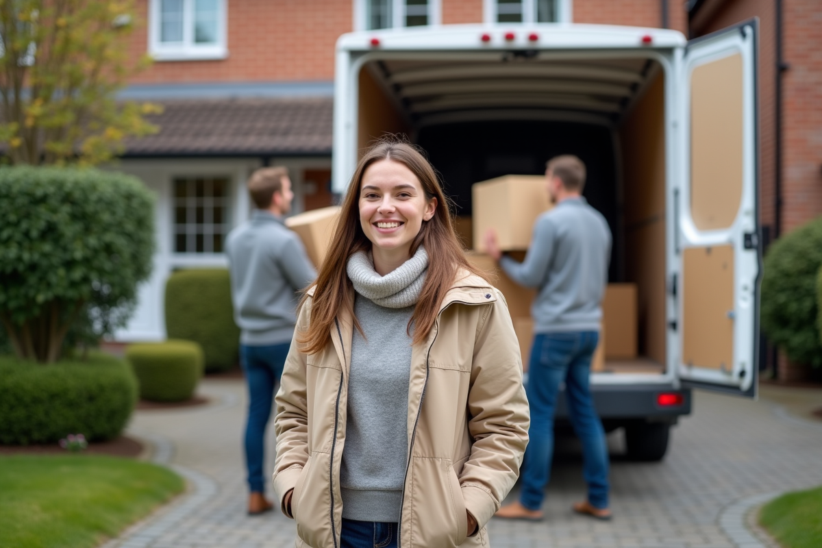 Jeune femme discutant avec des déménageurs devant un camion