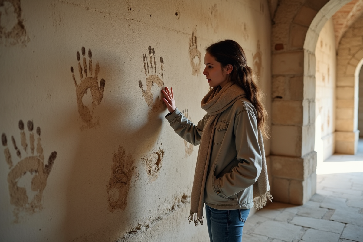 Jeune femme examinant des empreintes sur un mur ancien