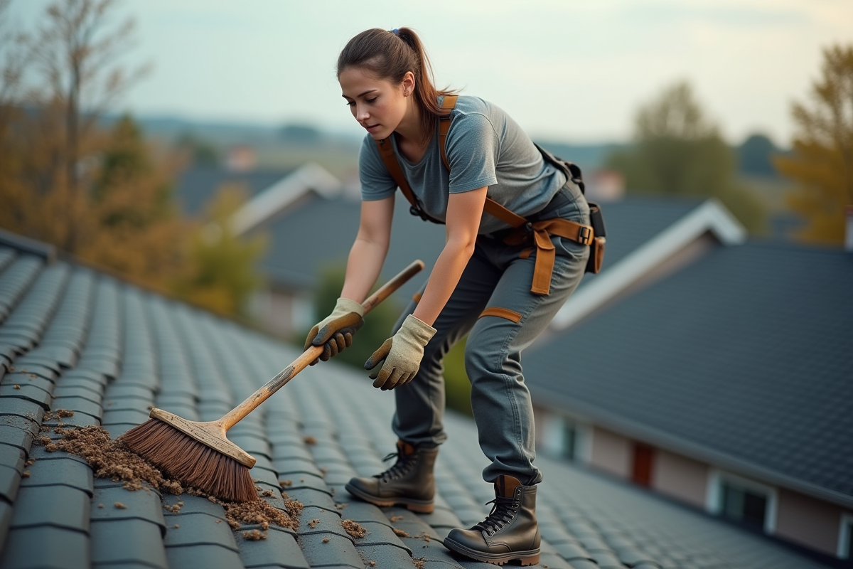 Jeune femme balayant le toit avec une brosse robuste