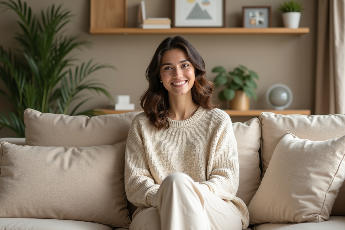 Jeune femme assise dans un salon cosy et lumineux