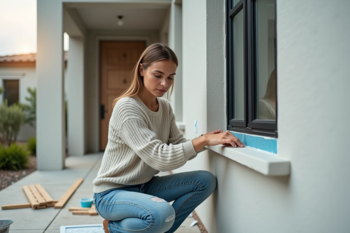 Jeune femme posant du ruban sur une fenêtre en construction