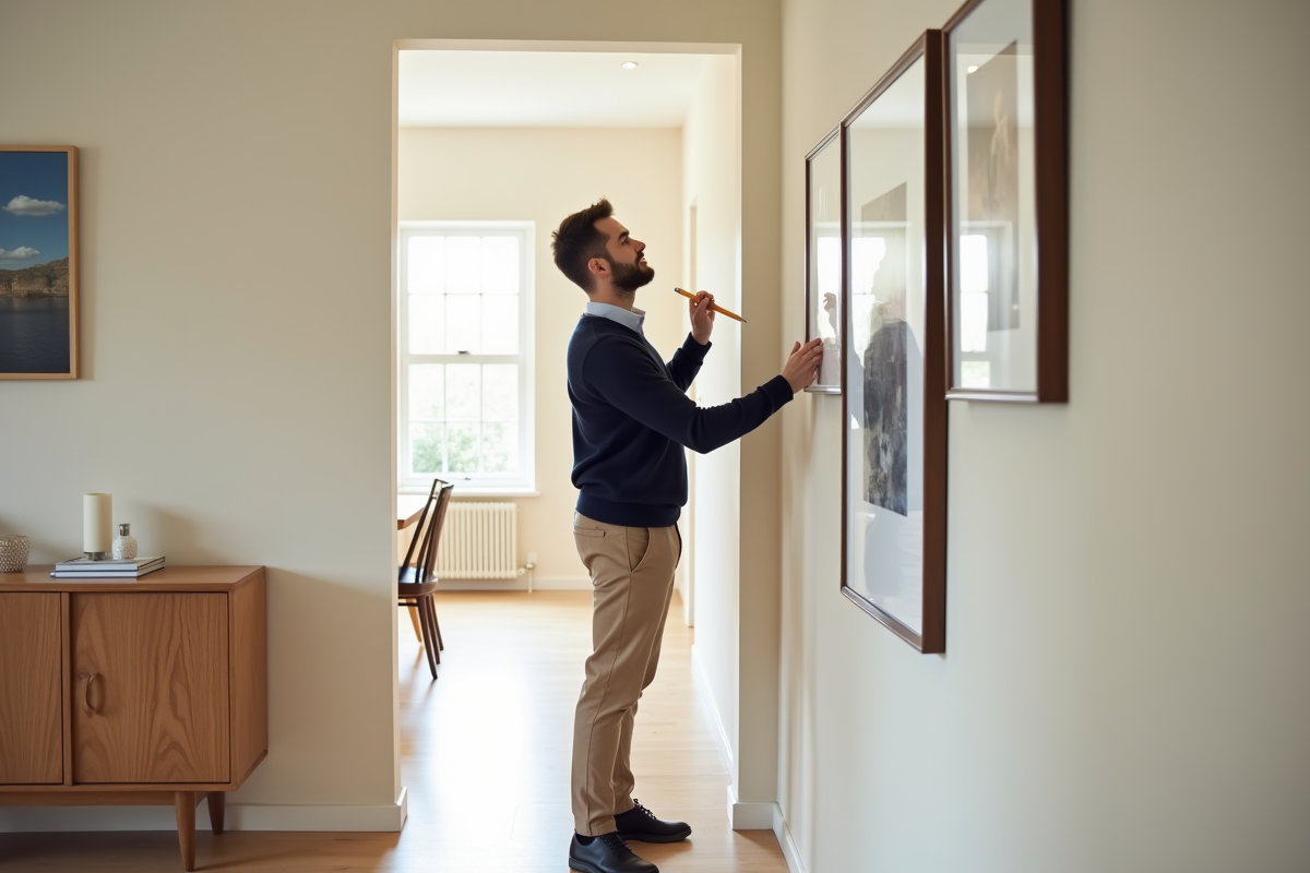 Jeune homme marquant un mur pour accrocher des œuvres d