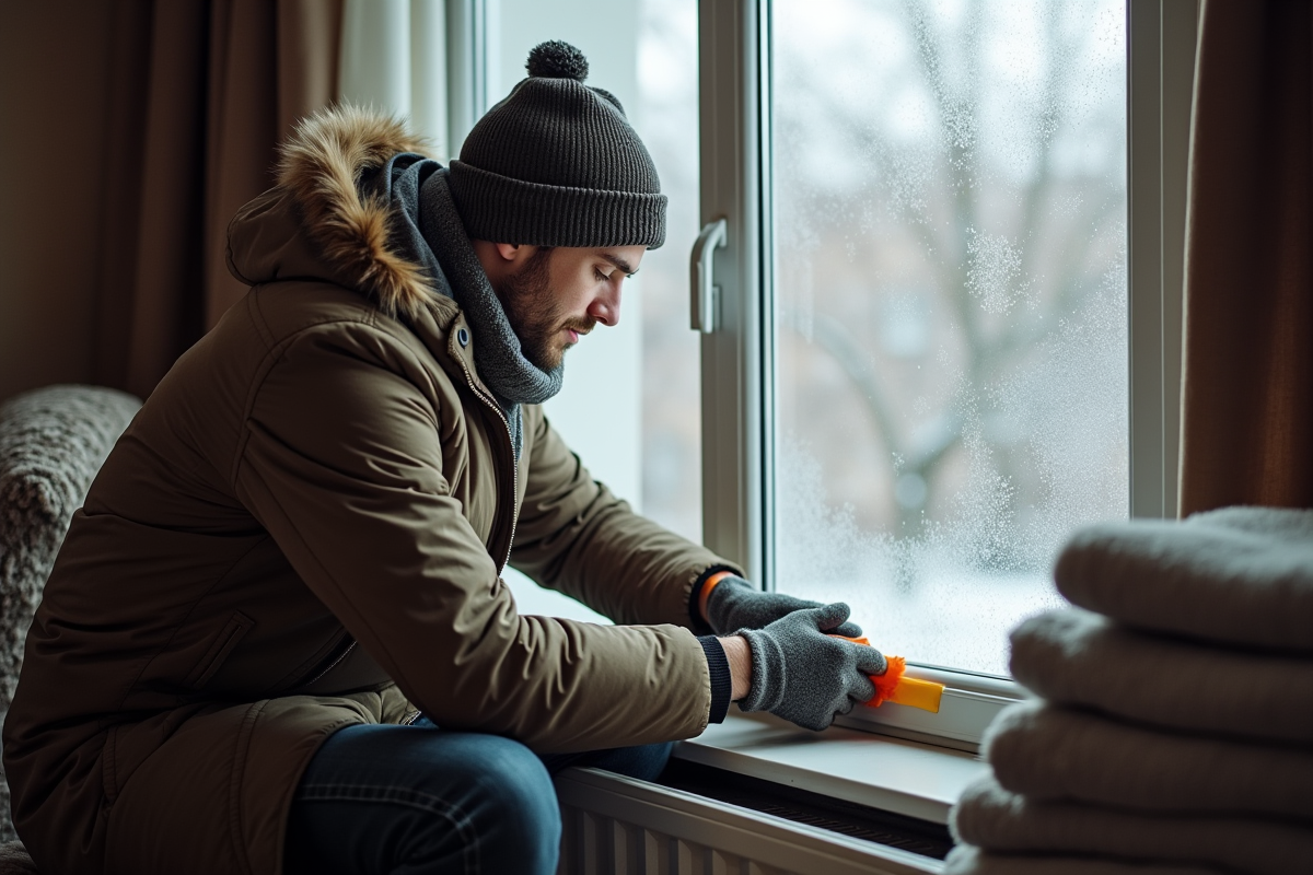 Jeune homme calfeutrant une fenêtre en hiver urbain