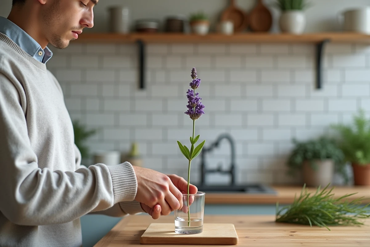 Jeune homme préparant une lavande pour bouturage en cuisine