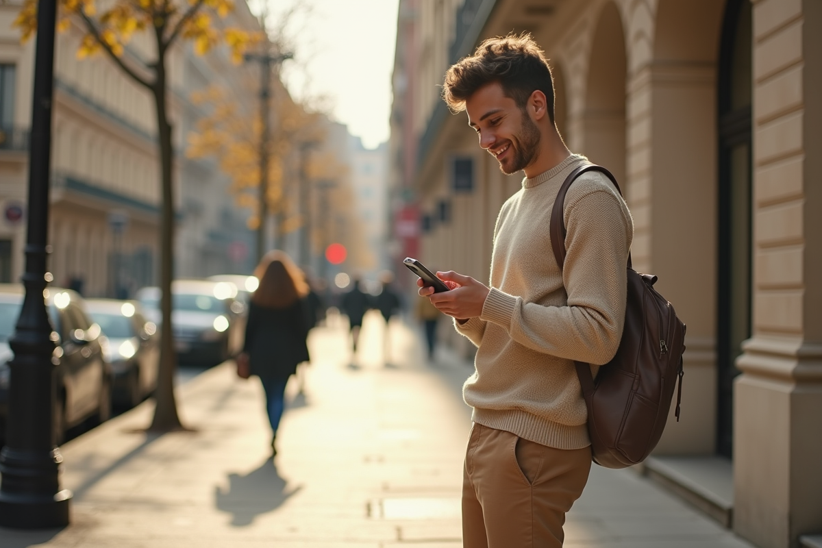 Jeune homme souriant avec smartphone dans la ville