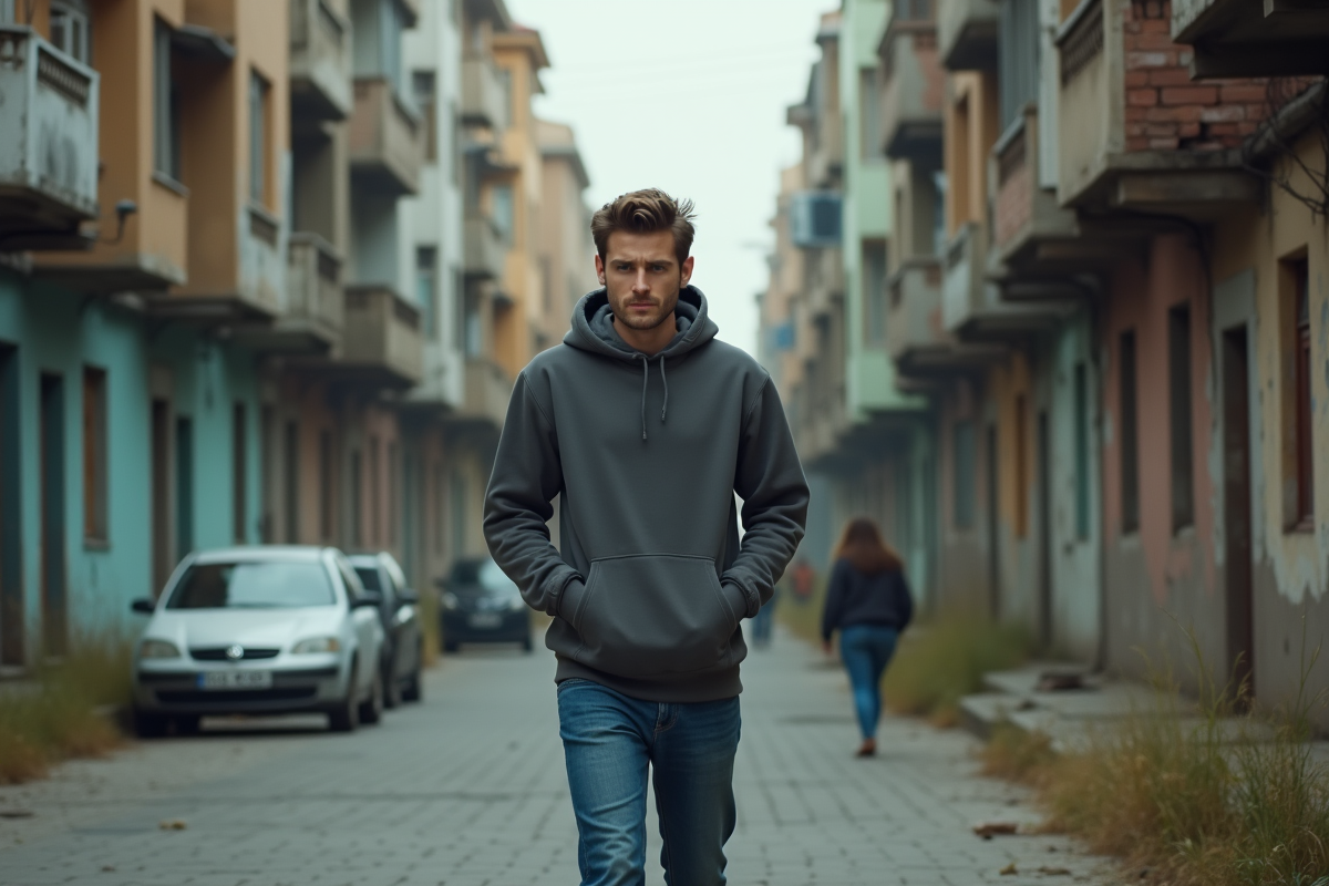 Jeune homme dans la rue en ville abandonnée