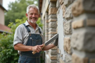 Maçon souriant appliquant un enduit sur une façade extérieure