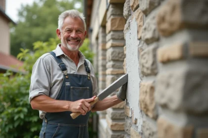 Maçon souriant appliquant un enduit sur une façade extérieure