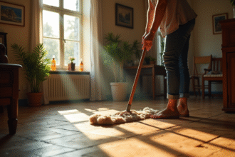 Personne nettoyant un parquet ancien avec un balai doux