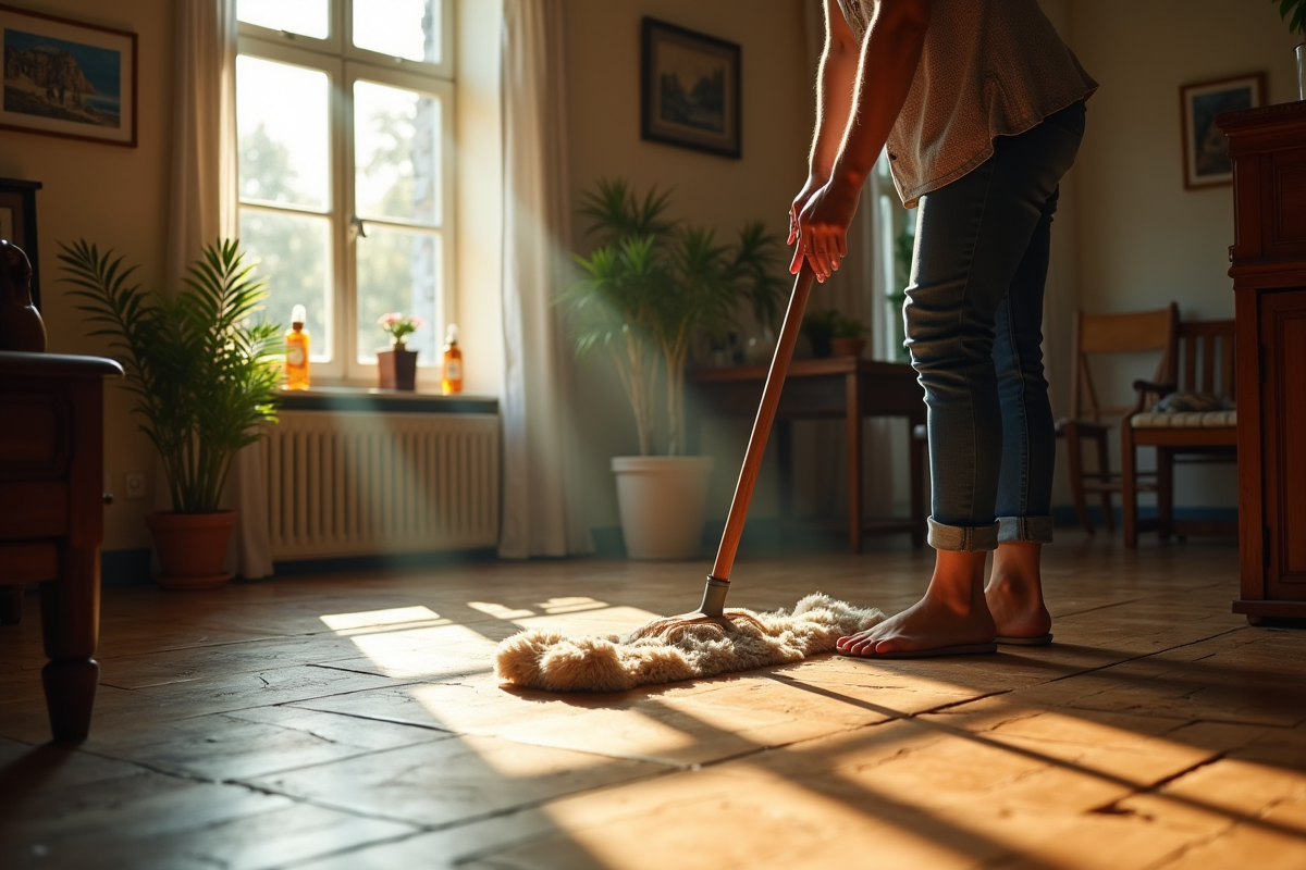 Personne nettoyant un parquet ancien avec un balai doux