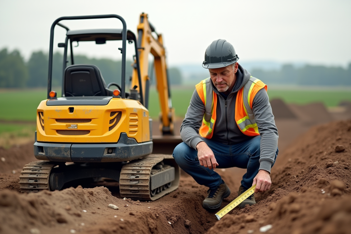 Ouvrier de construction mesurant une tranchée sur un site rural