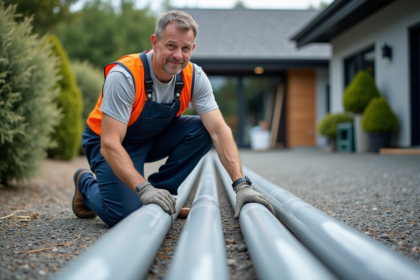 Ouvrier en tenue de chantier pose des tuyaux PVC en extérieur