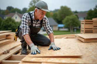 Ouvrier couvreur examinant des panneaux OSB sur le toit