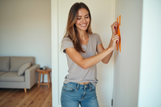 Femme en train d’enlever du ruban de masquage d’un mur peint