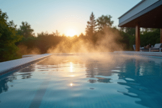 Piscine extérieure moderne au lever du soleil avec thermomètre