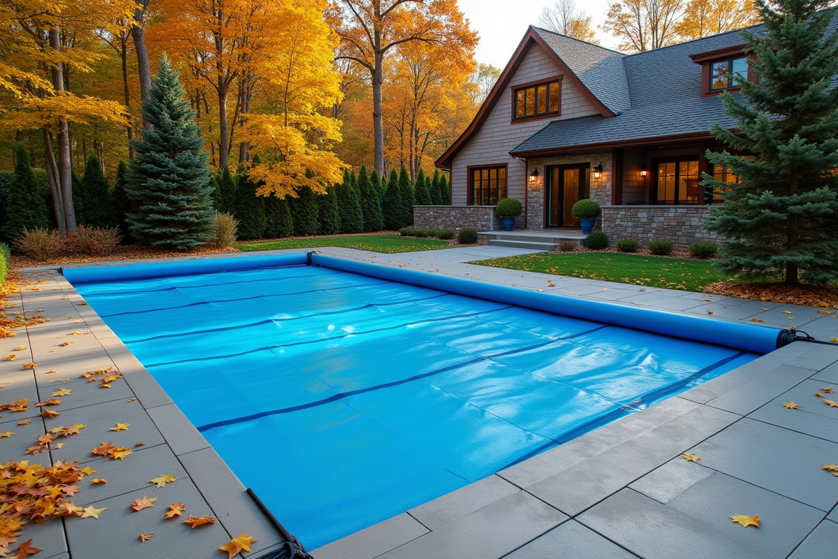 Piscine extérieure en automne avec couverture bleue