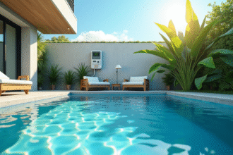 Piscine extérieure dans un jardin moderne avec compteur électrique