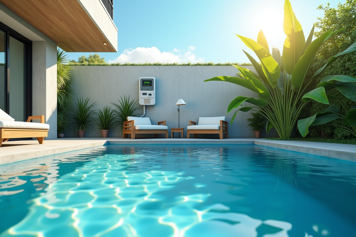 Piscine extérieure dans un jardin moderne avec compteur électrique