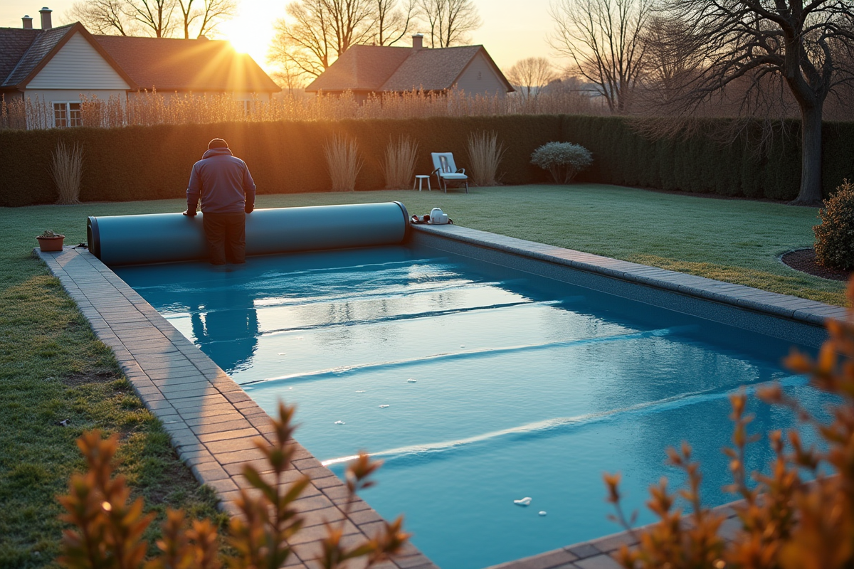 Piscine en hiver avec couverture motorisée dans un jardin rural