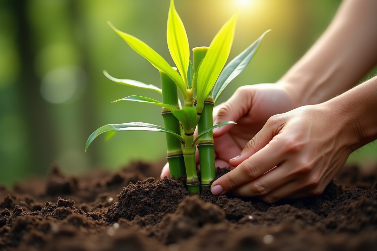 Main plantant un jeune bambou dans un sol humide en jardin