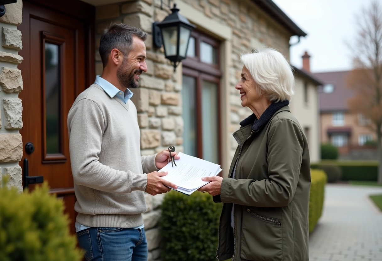 Homme remettant un formulaire et des clés à une propriétaire devant une maison