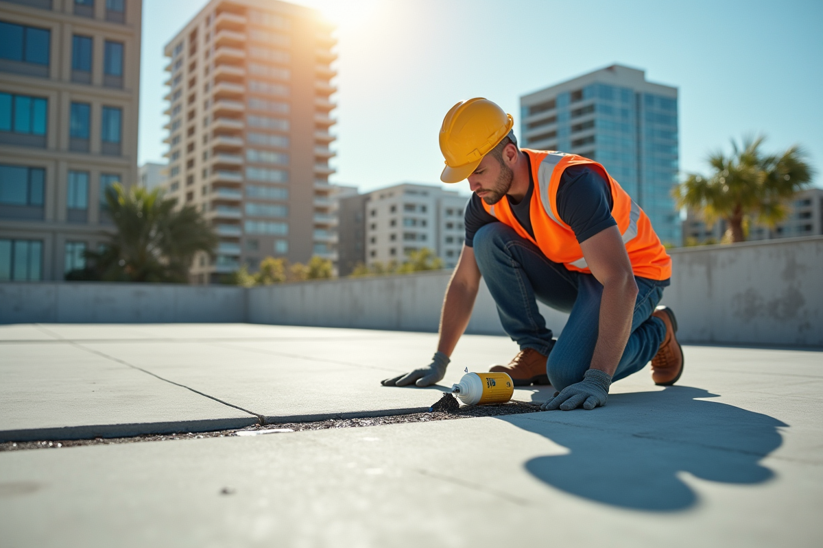 Ouvrier appliquant un enduit sur une dalle en béton extérieur