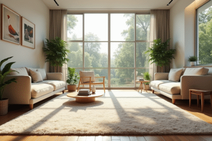 Salon moderne avec tapis en jonc de mer et lumière naturelle