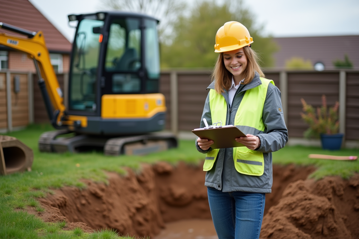 Jeune superviseure vérifiant un fond de fouille dans un jardin