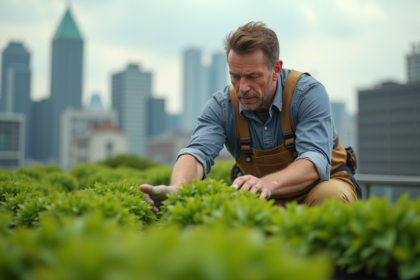 Ouvrier couvreur examinant un toit vert urbain