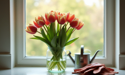 Tulipes fanées dans un vase sur une fenêtre lumineuse