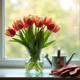 Tulipes fanées dans un vase sur une fenêtre lumineuse
