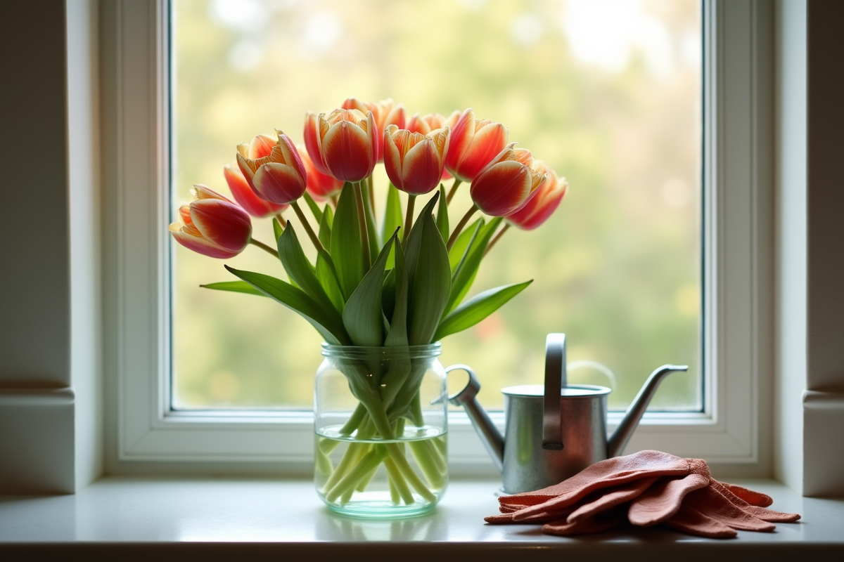 Tulipes fanées dans un vase sur une fenêtre lumineuse